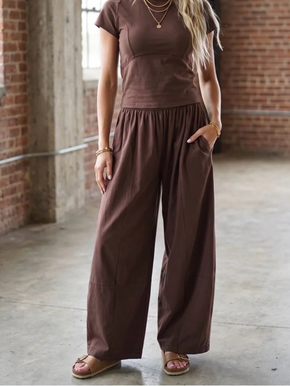 Eesome Wide-Leg Elastic Waist Pants - Brown - Picture 2 of 3